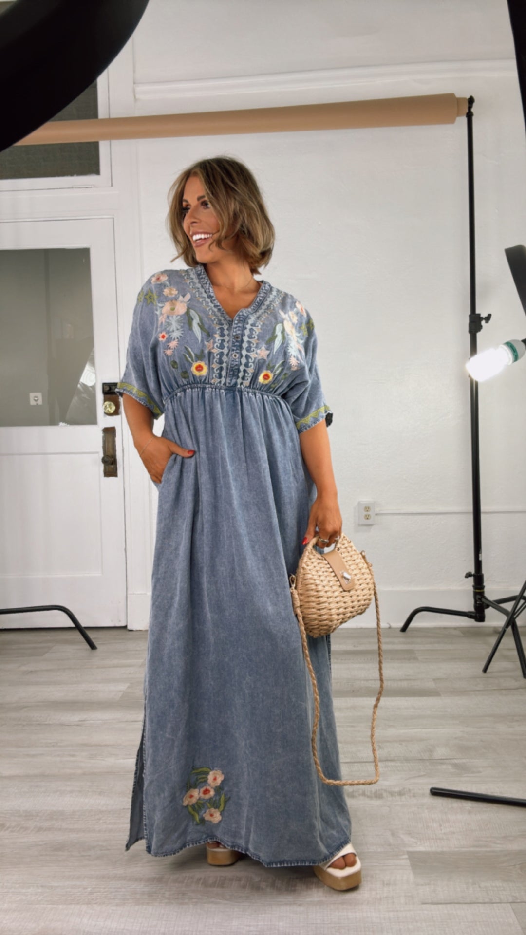 Chambray Stitch & Bloom Embroidered Maxi Dress, Denim Everyday Chic Boutique Chambray Stitch & Bloom Embroidered Maxi Dress, Denim Everyday Chic Boutique