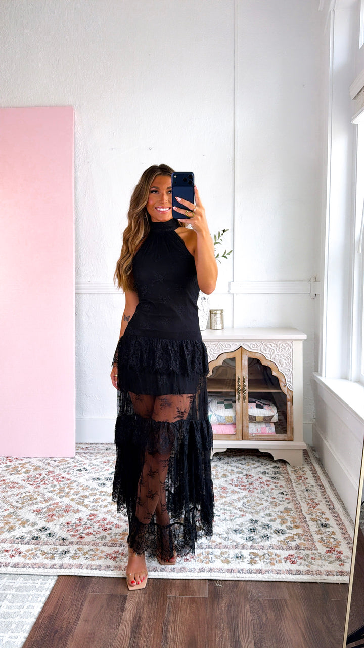 Beauty Lace Ruffled Maxi Dress, Black