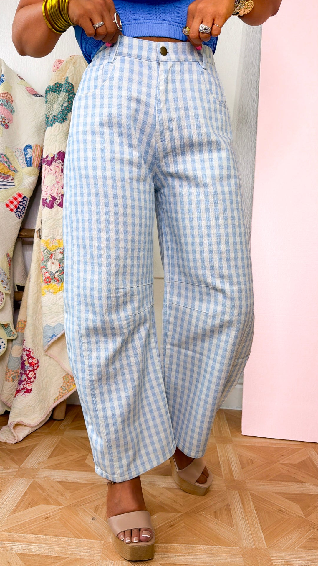 Gingham Blues Barrel Jeans, LT.Blue