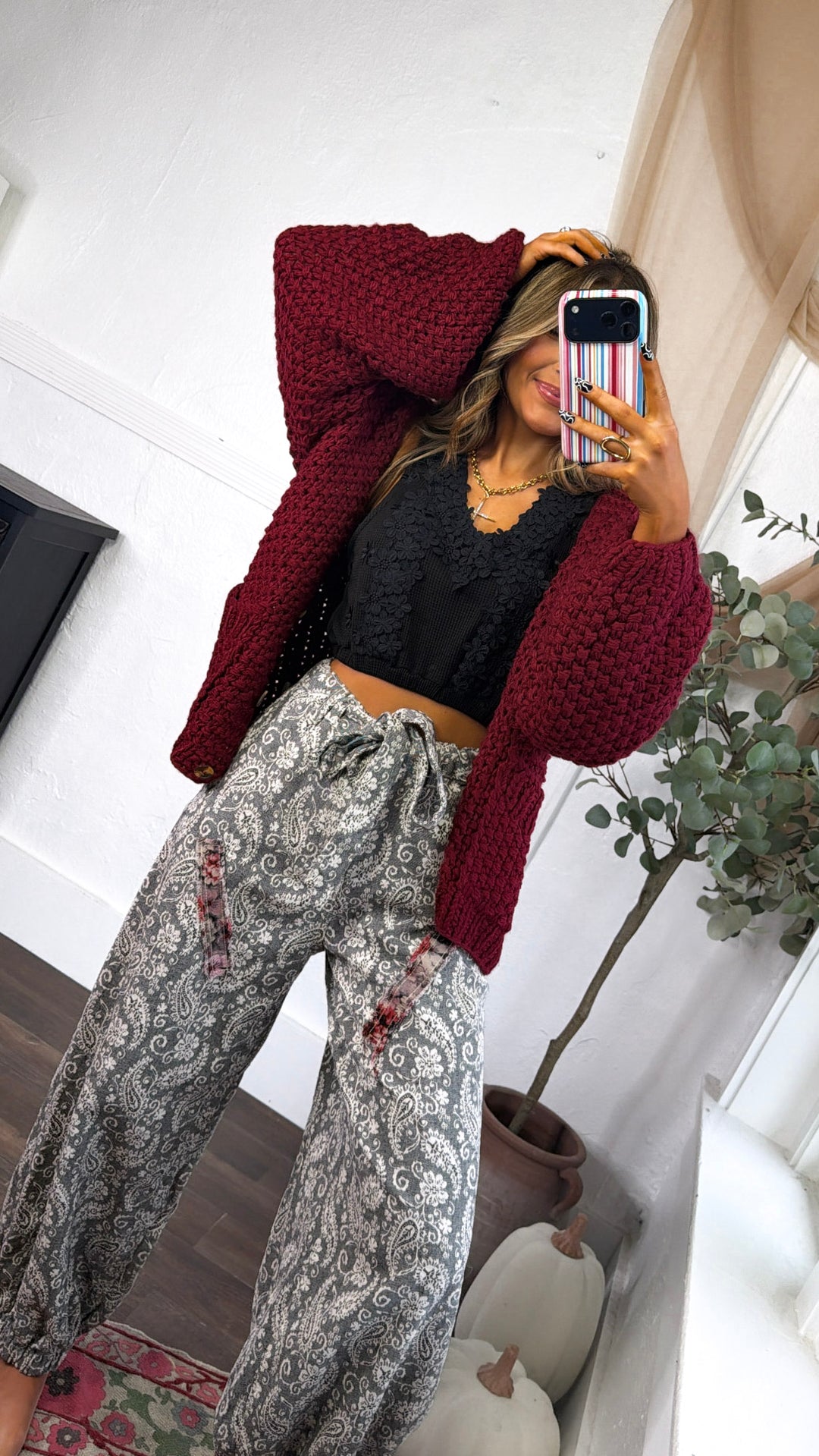 Slouchy Knit Button Cardigan, Burgundy