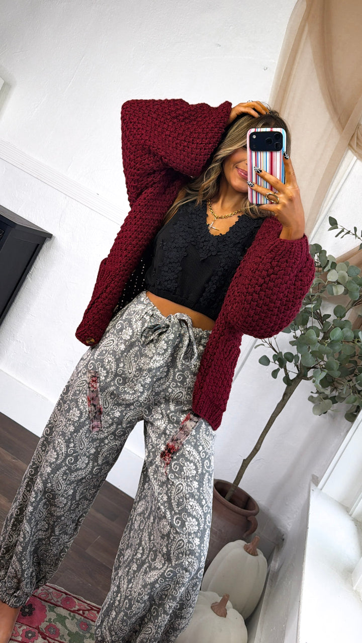 Slouchy Knit Button Cardigan, Burgundy