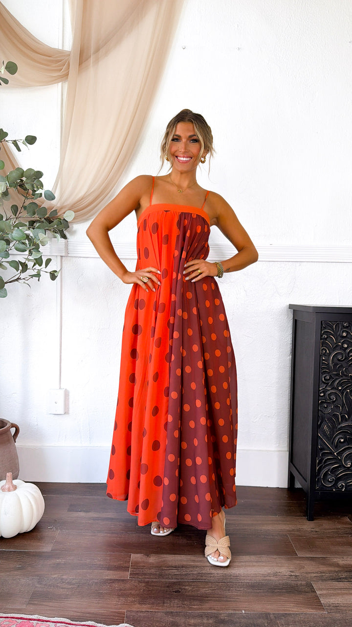 Polka Dot Color-Block Maxi Dress, Terracotta/Orange