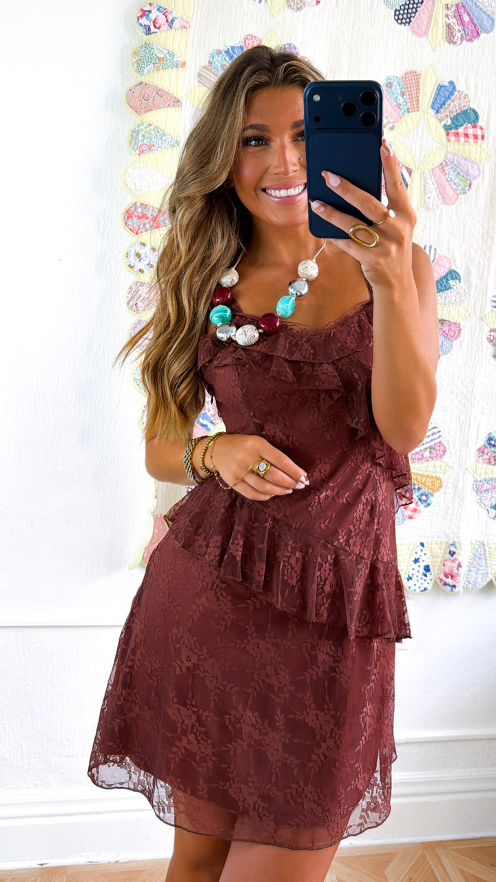 Pure Heart Ruffled Mini Dress, Brown