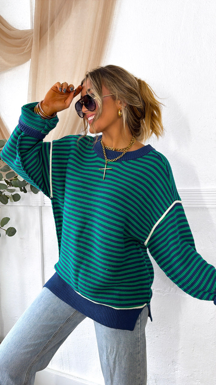 Retro Stripe Sweater, Green Combo