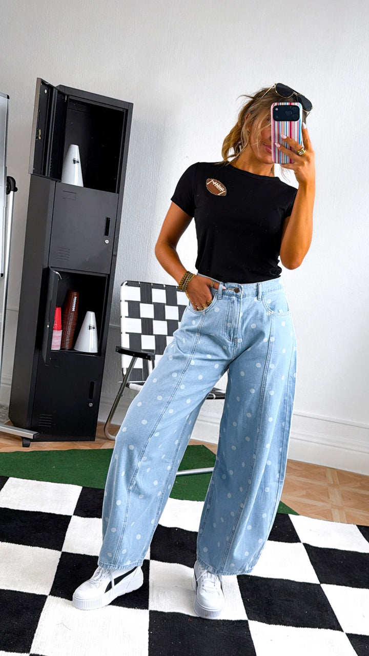 Washed Polka Dot Barrel Jeans, Lt. Denim