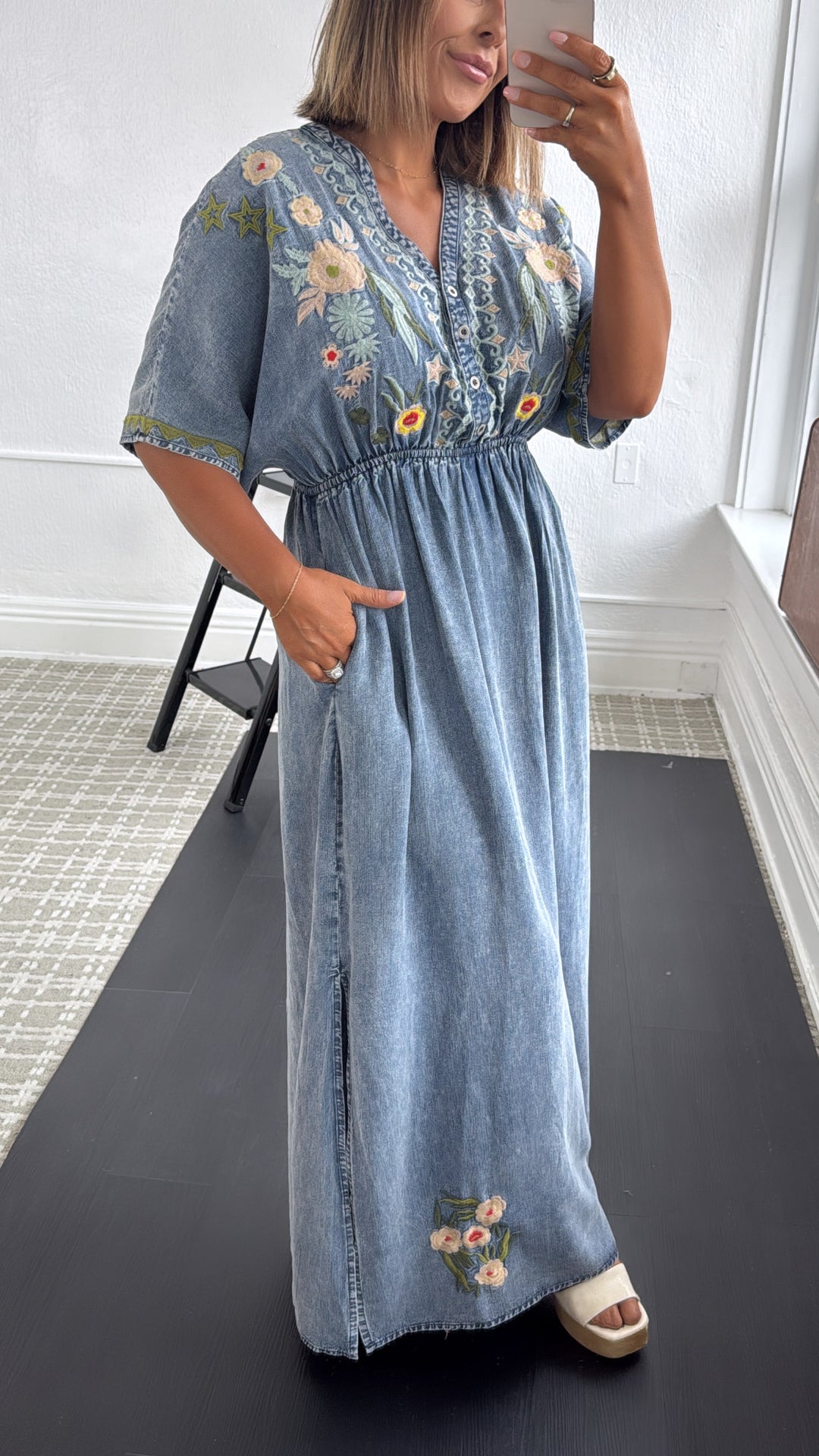 Chambray Stitch & Bloom Embroidered Maxi Dress, Denim Medium Chambray Stitch & Bloom Embroidered Maxi Dress, Denim Medium