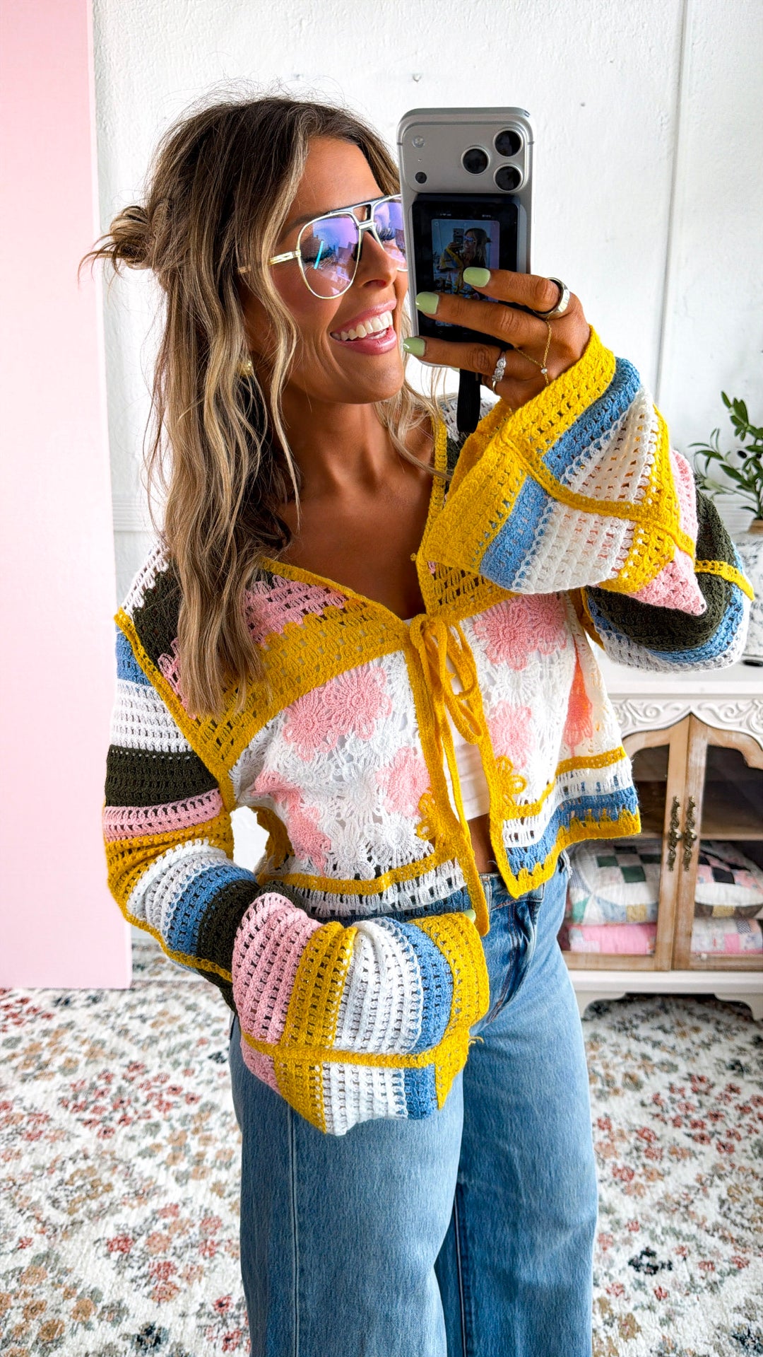 Ocean Stitch Knit Cardigan, Yellow Multi