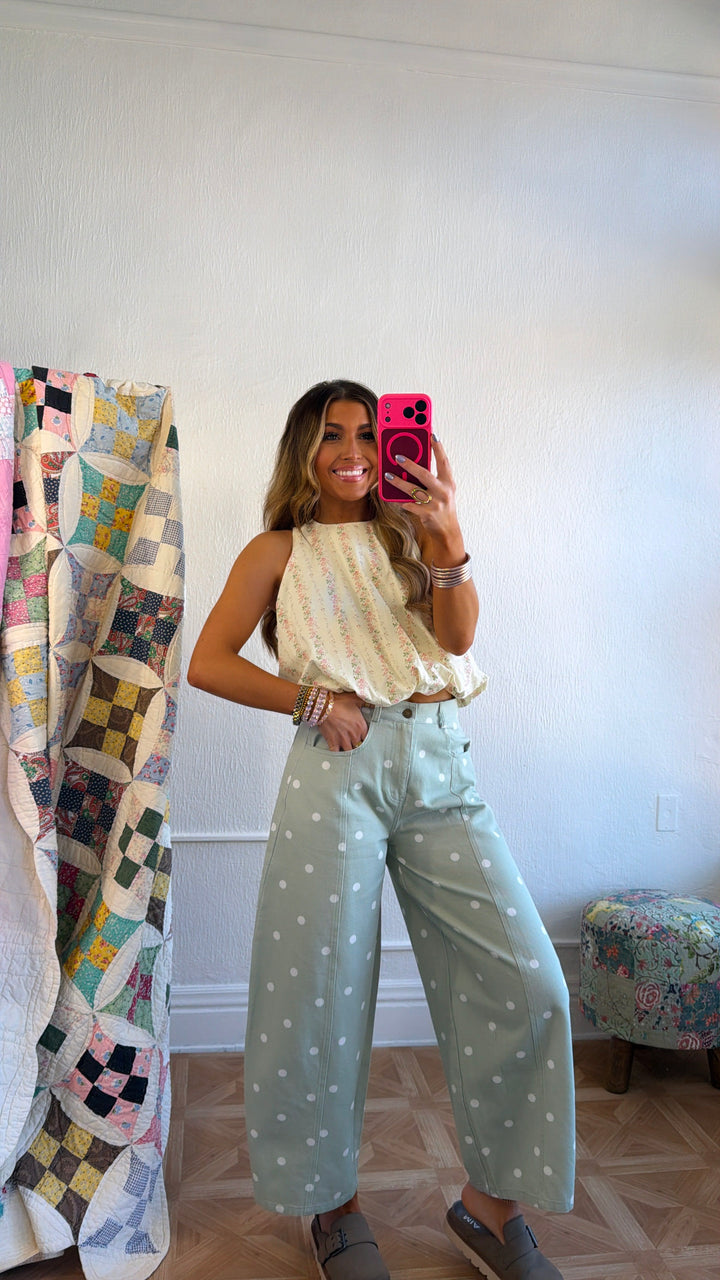 Sweet Pea Polka Dot Barrel Pants, Sage