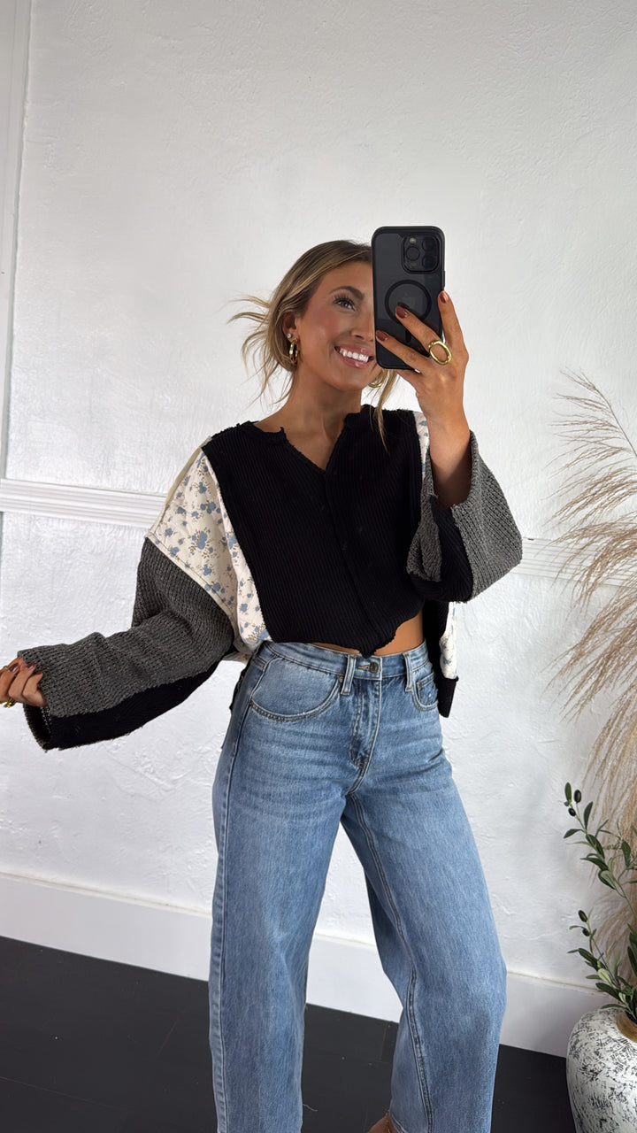 DOORBUSTER: POL Floral Sleeve Sweater, Black