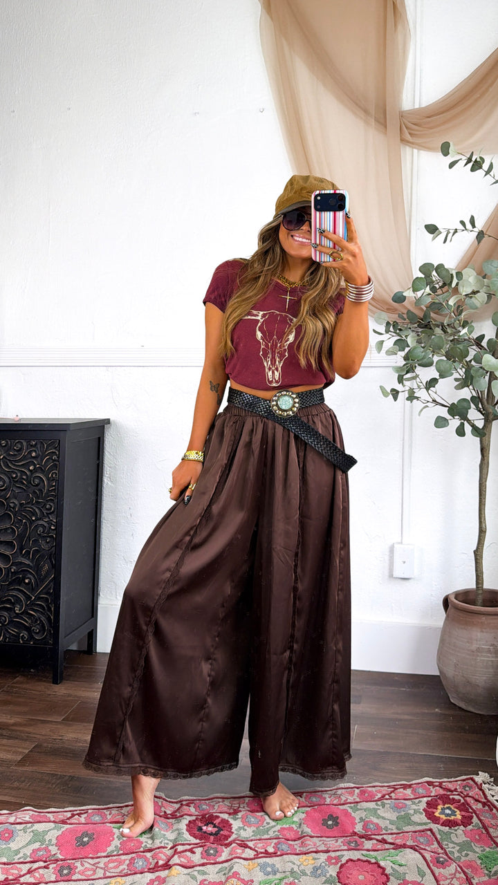 Satin Lace Trim Flowy Pants, Chocolate Brown