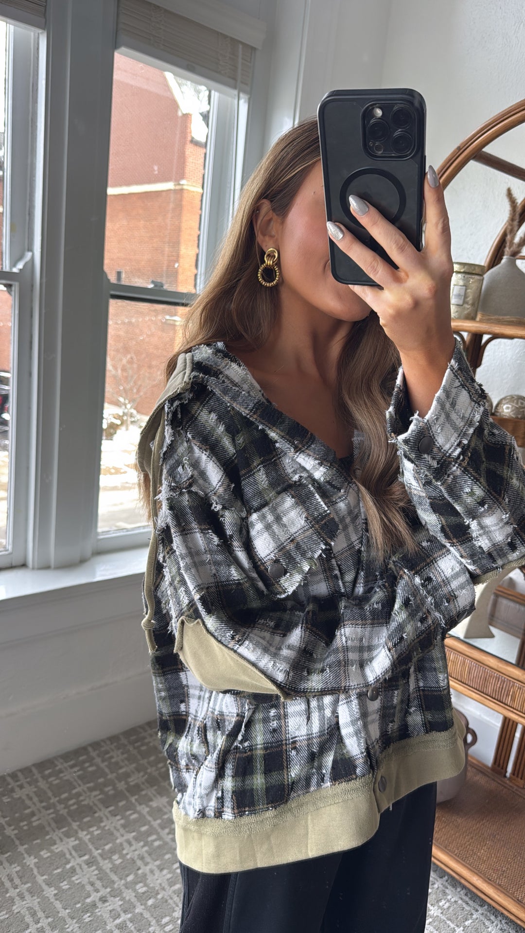 Birch Cabin Flannel Top, Olive/ Black