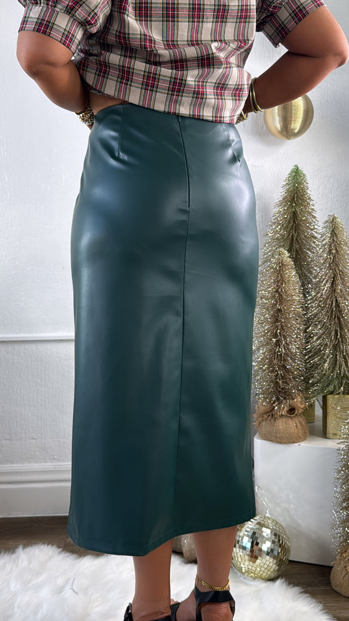 Fancy That Faux Leather Ruched Midi Skirt, Green