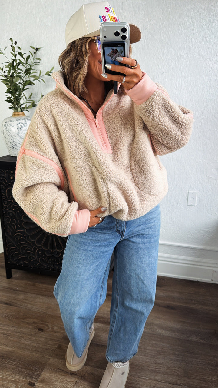 The Summit Quarter Zip Sherpa, Taupe/Coral