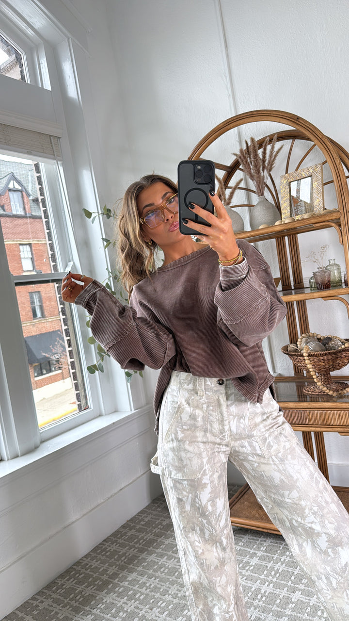 DOORBUSTER: Acid Washed Ribbed Cropped Pullover, Brown