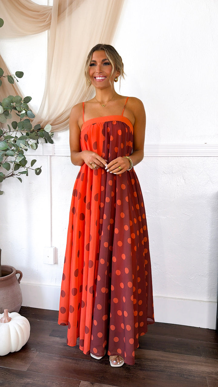 Polka Dot Color-Block Maxi Dress, Terracotta/Orange