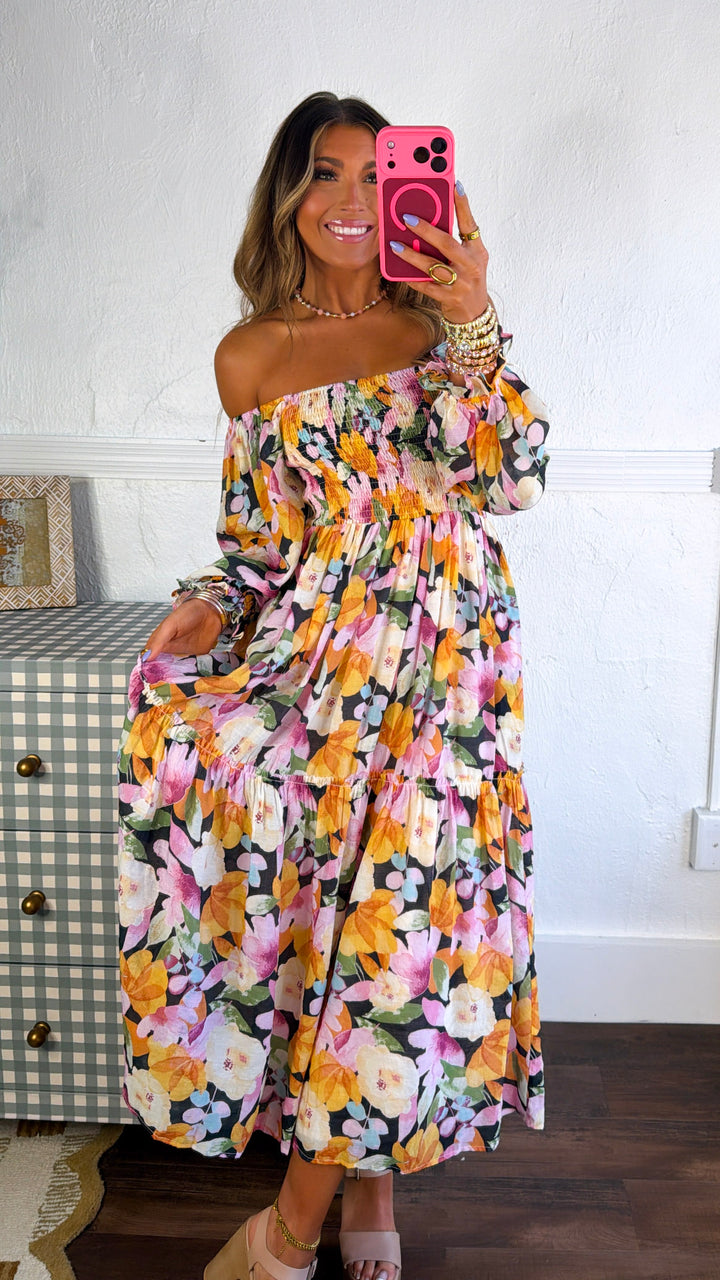 Havana Bloom Smocked Dress, Black Multi