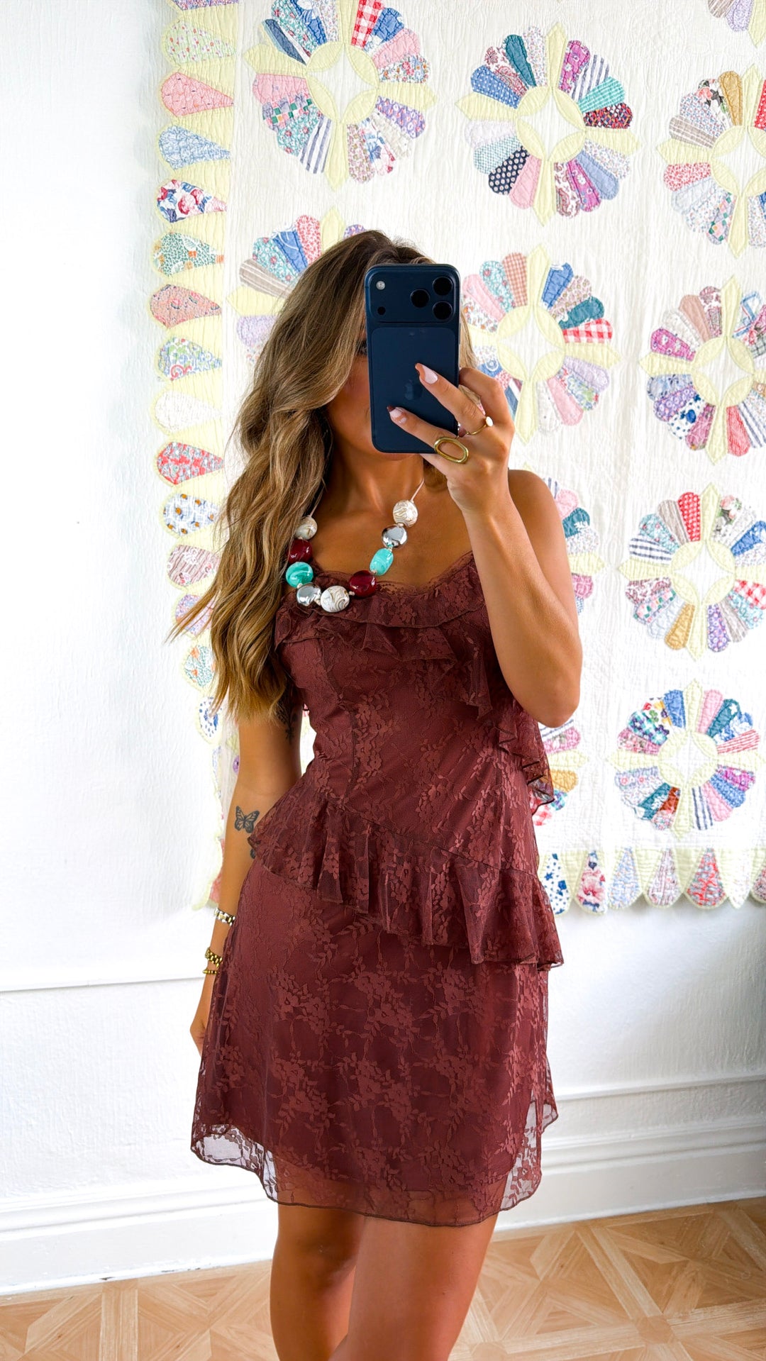 Pure Heart Ruffled Mini Dress, Brown