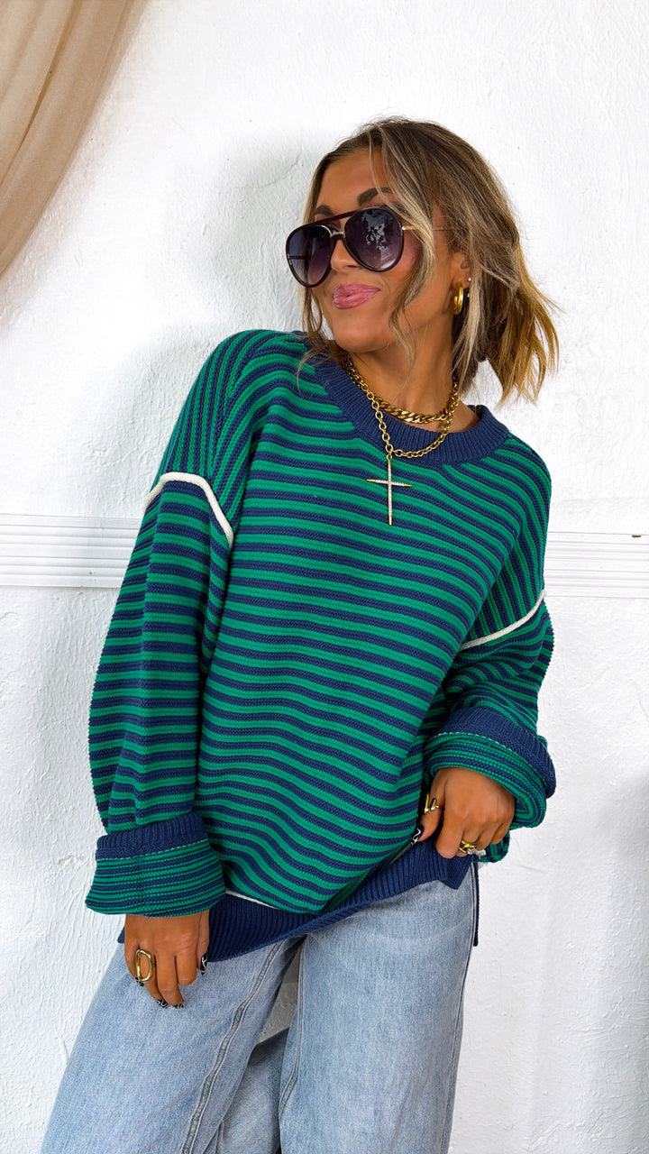 Retro Stripe Sweater, Green Combo