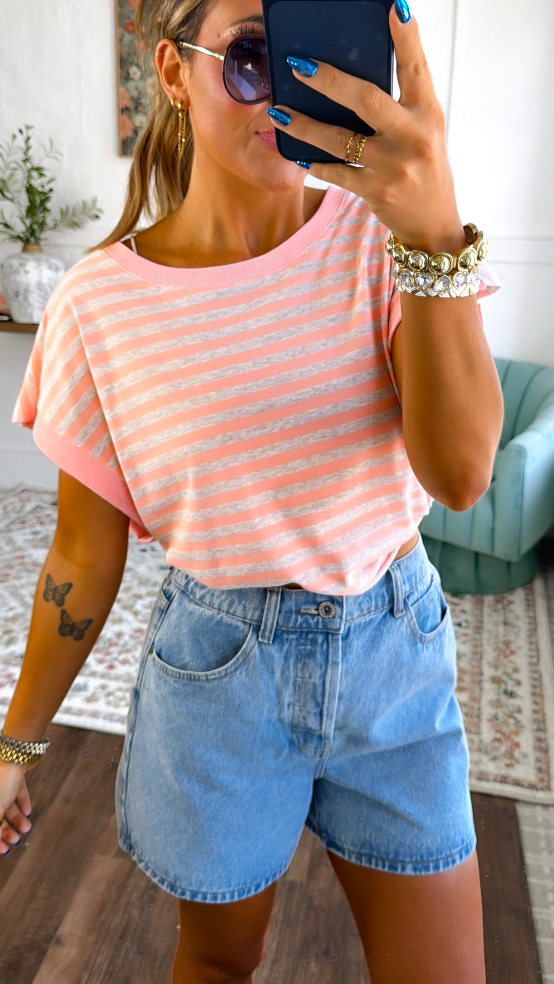 Striped Open Back Top, Peach/Oatmeal