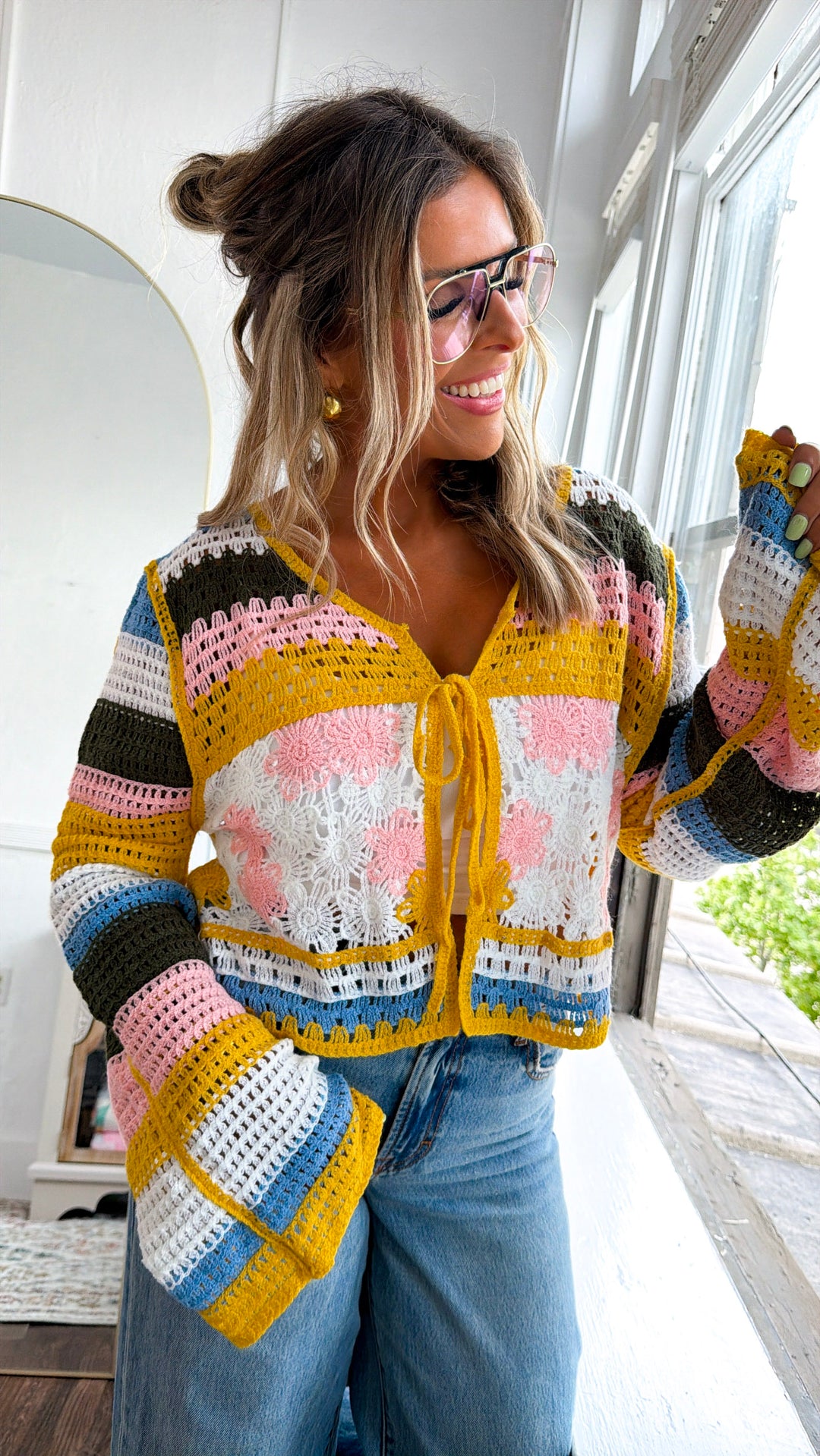 Ocean Stitch Knit Cardigan, Yellow Multi