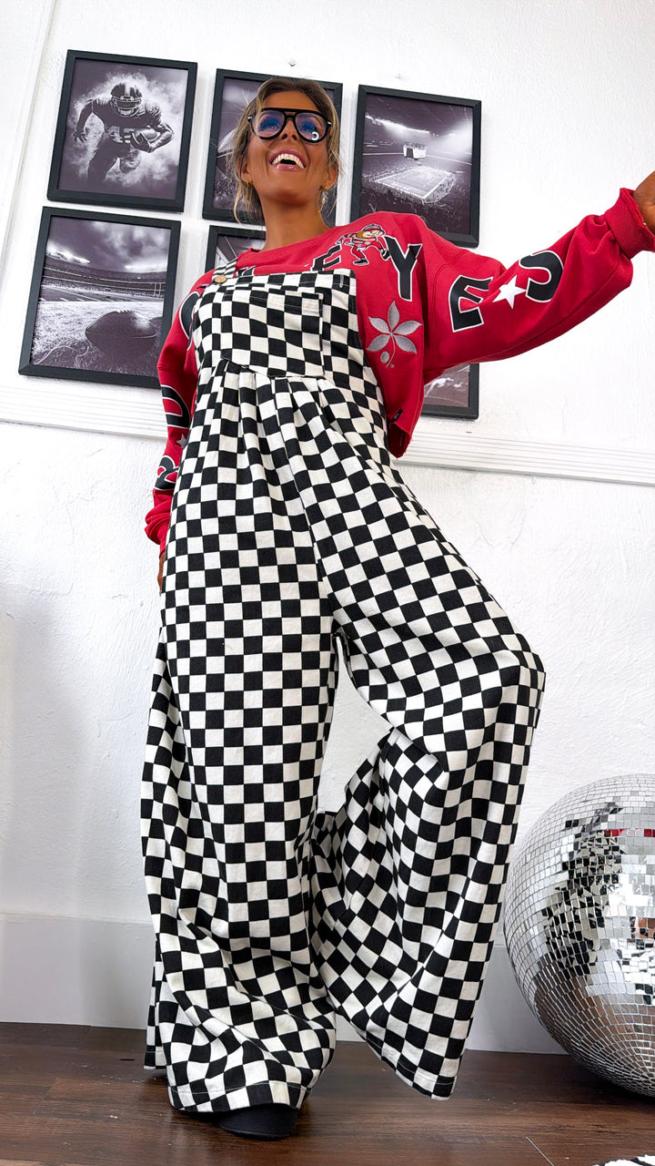Checkered Denim Overall, Black/White