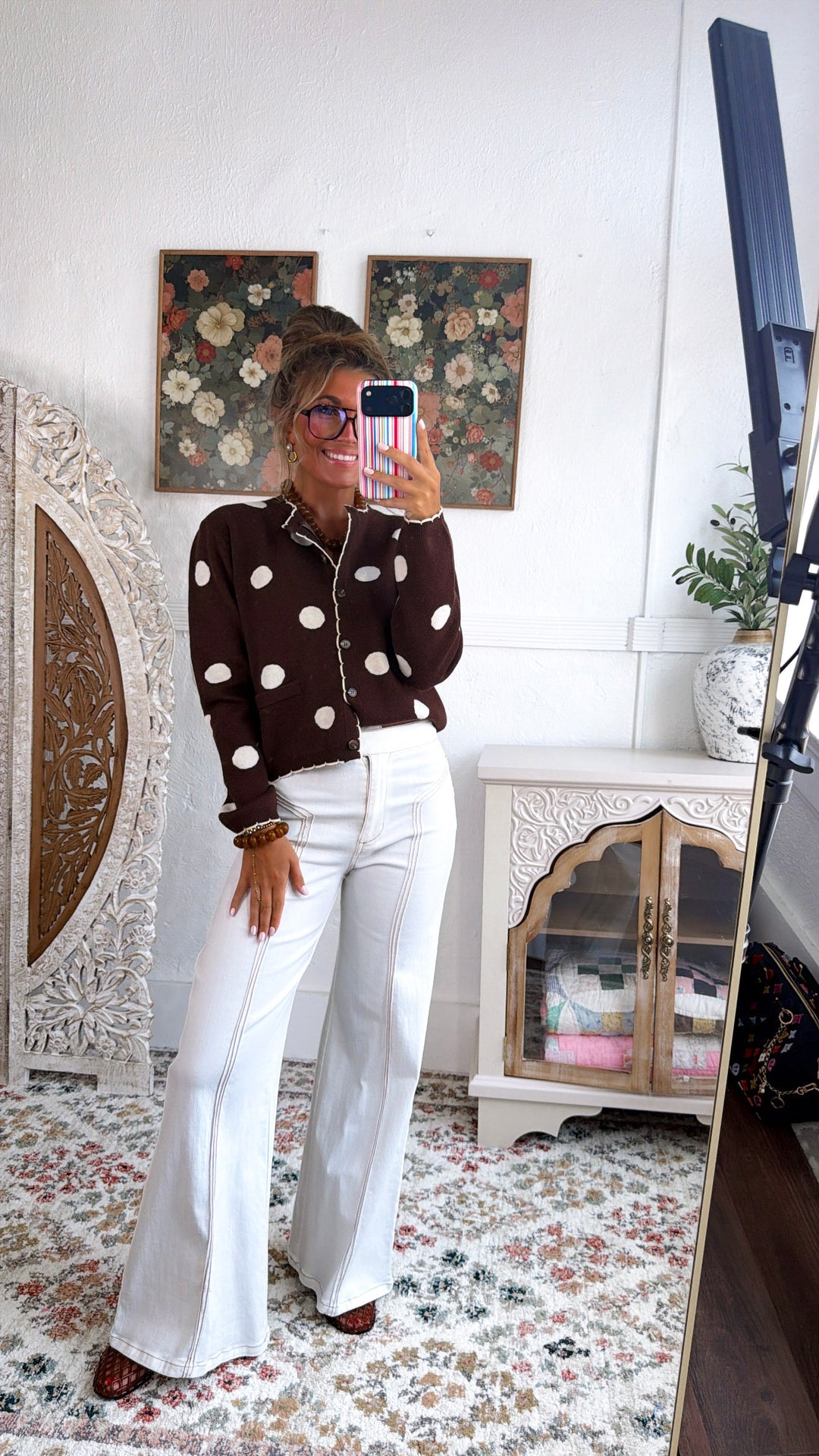 Knit Polka Dot Cardigan, Dk. Brown