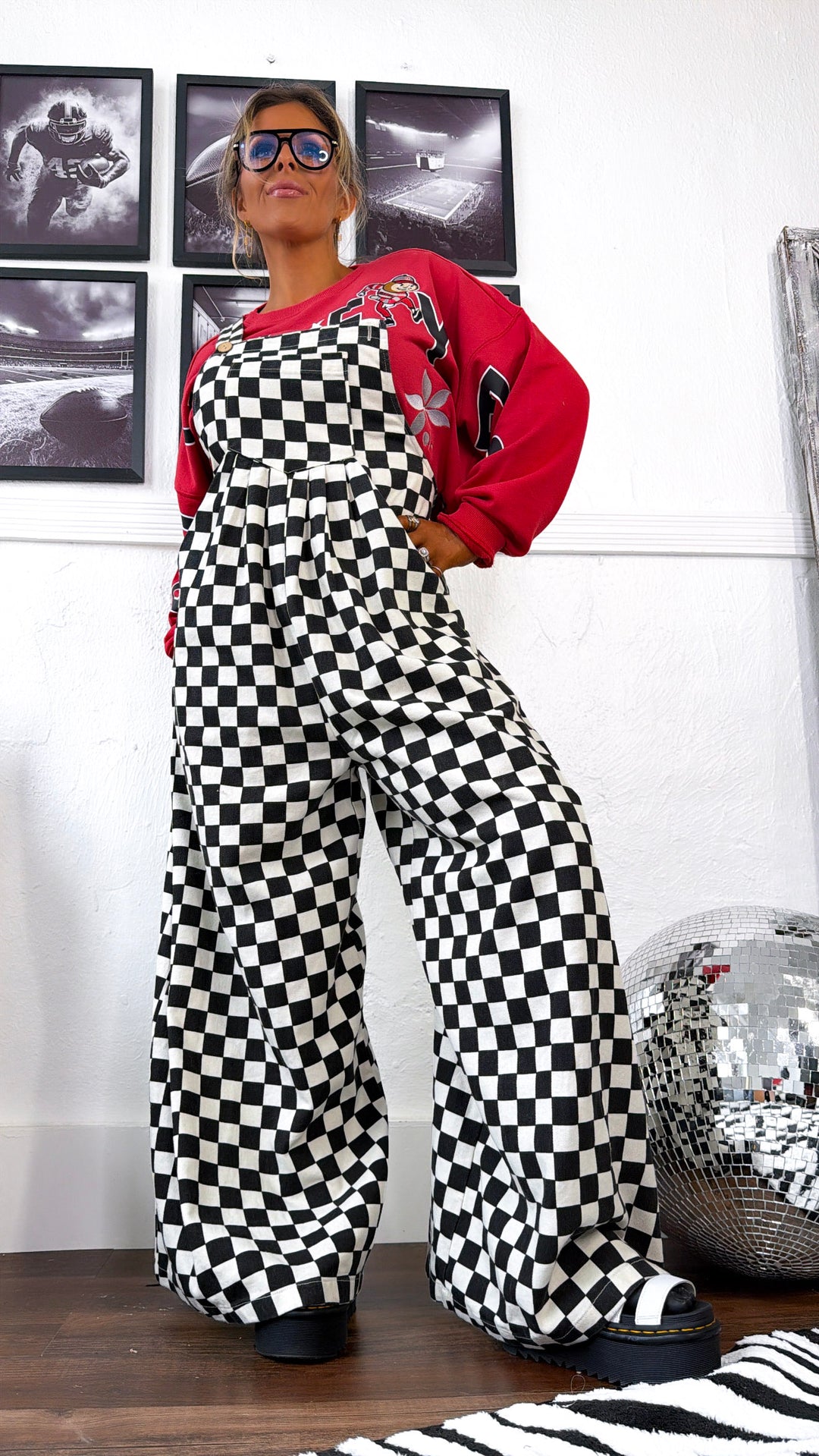 Checkered Denim Overall, Black/White
