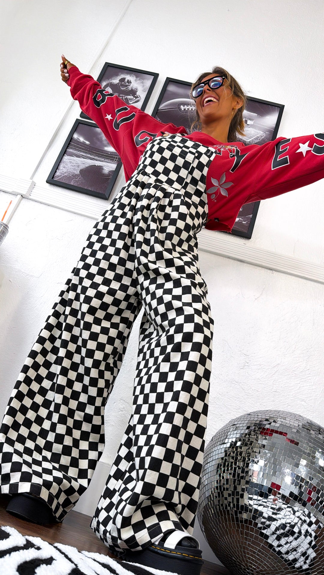 Checkered Denim Overall, Black/White