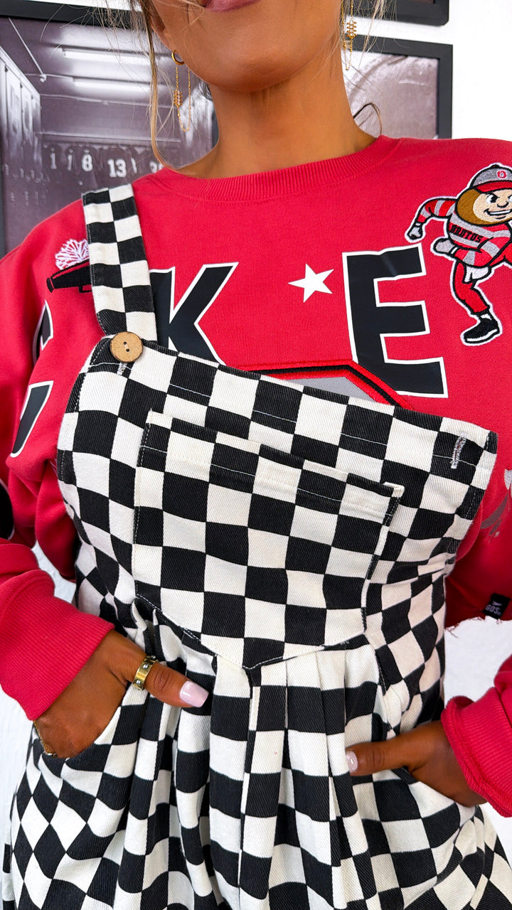 Checkered Denim Overall, Black/White