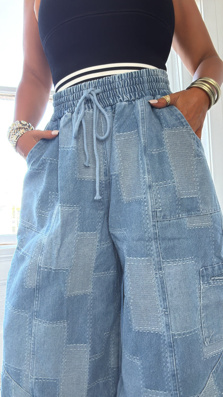 ECB Exclusive: Demi Denim Checkered Patchwork Jogger Pant