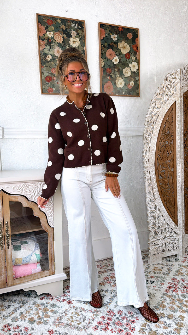 Knit Polka Dot Cardigan, Dk. Brown