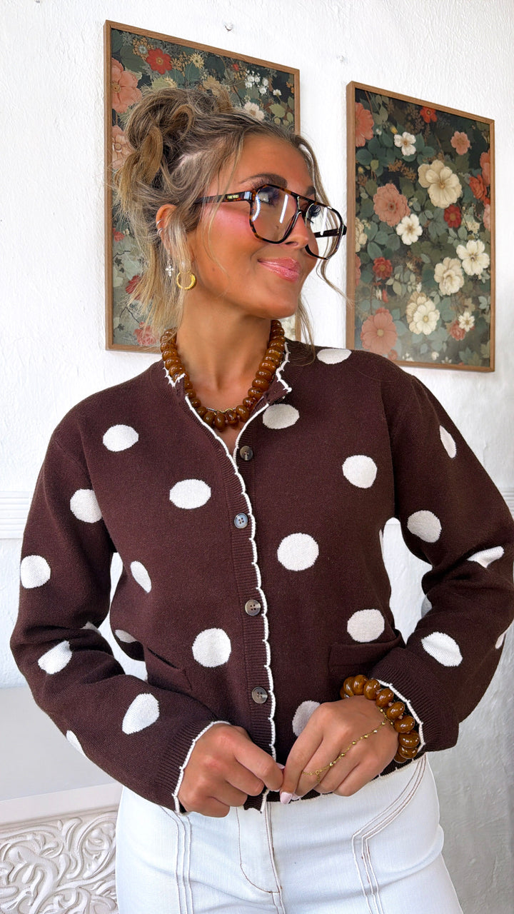 Knit Polka Dot Cardigan, Dk. Brown