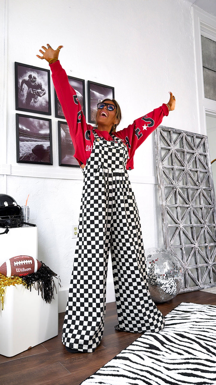 Checkered Denim Overall, Black/White