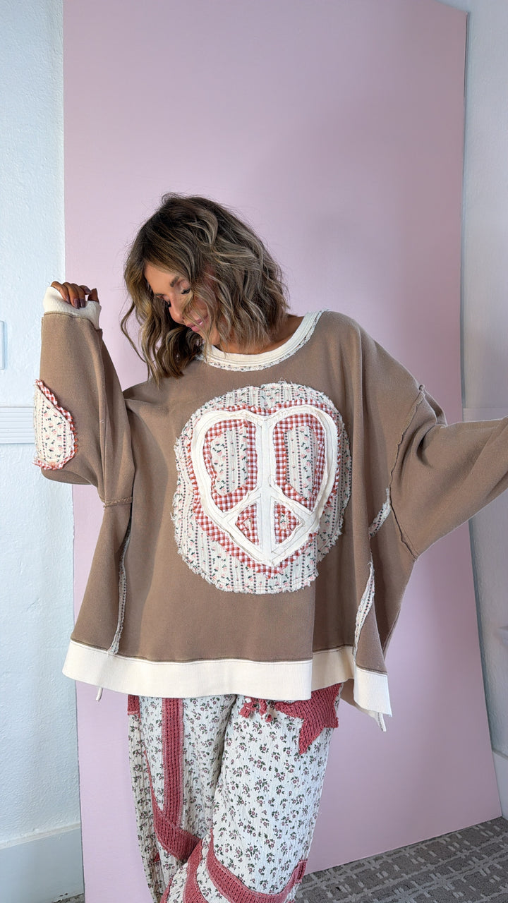 Heart In Peace Patchwork Top, Mocha