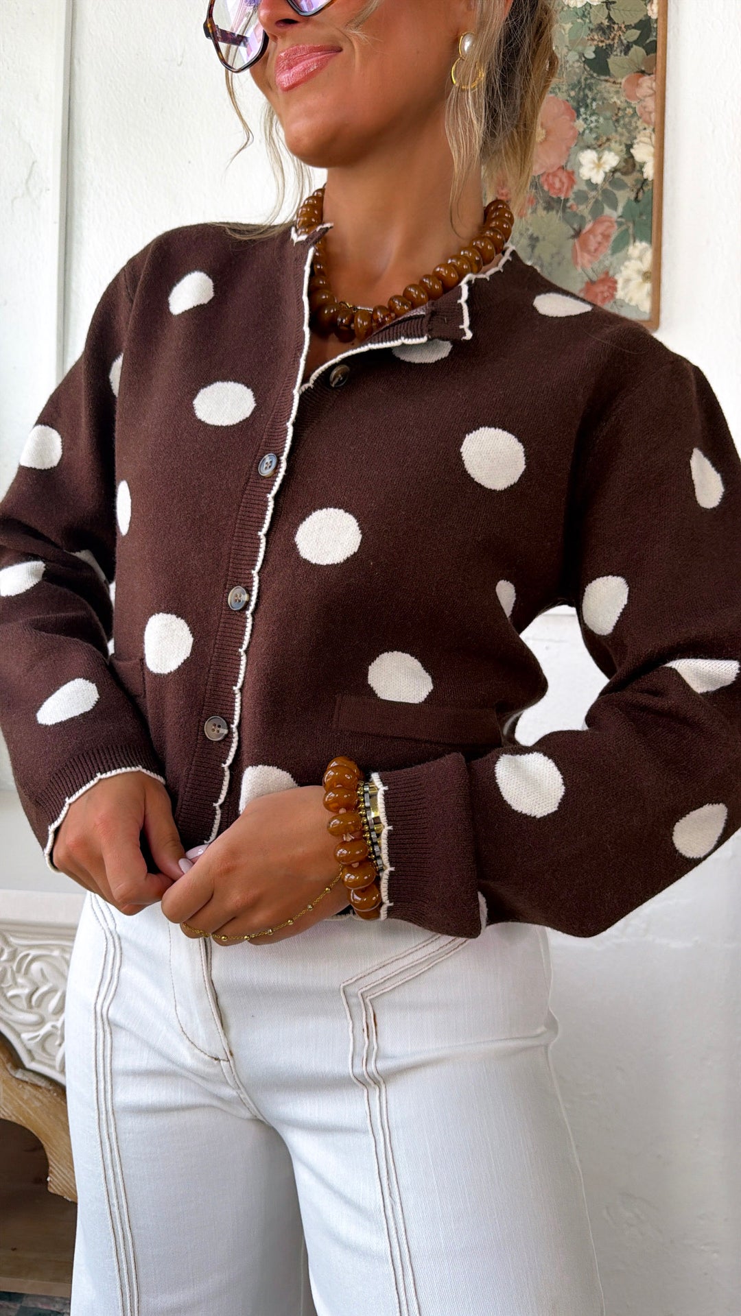 Knit Polka Dot Cardigan, Dk. Brown
