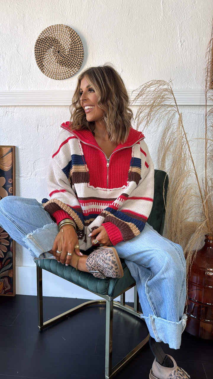 The Cabin Half Zip, Sand/Red Multi