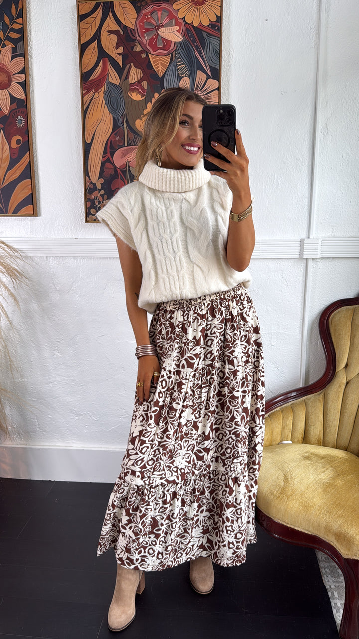Picture Perfect Floral Tiered Midi Skirt, Brown