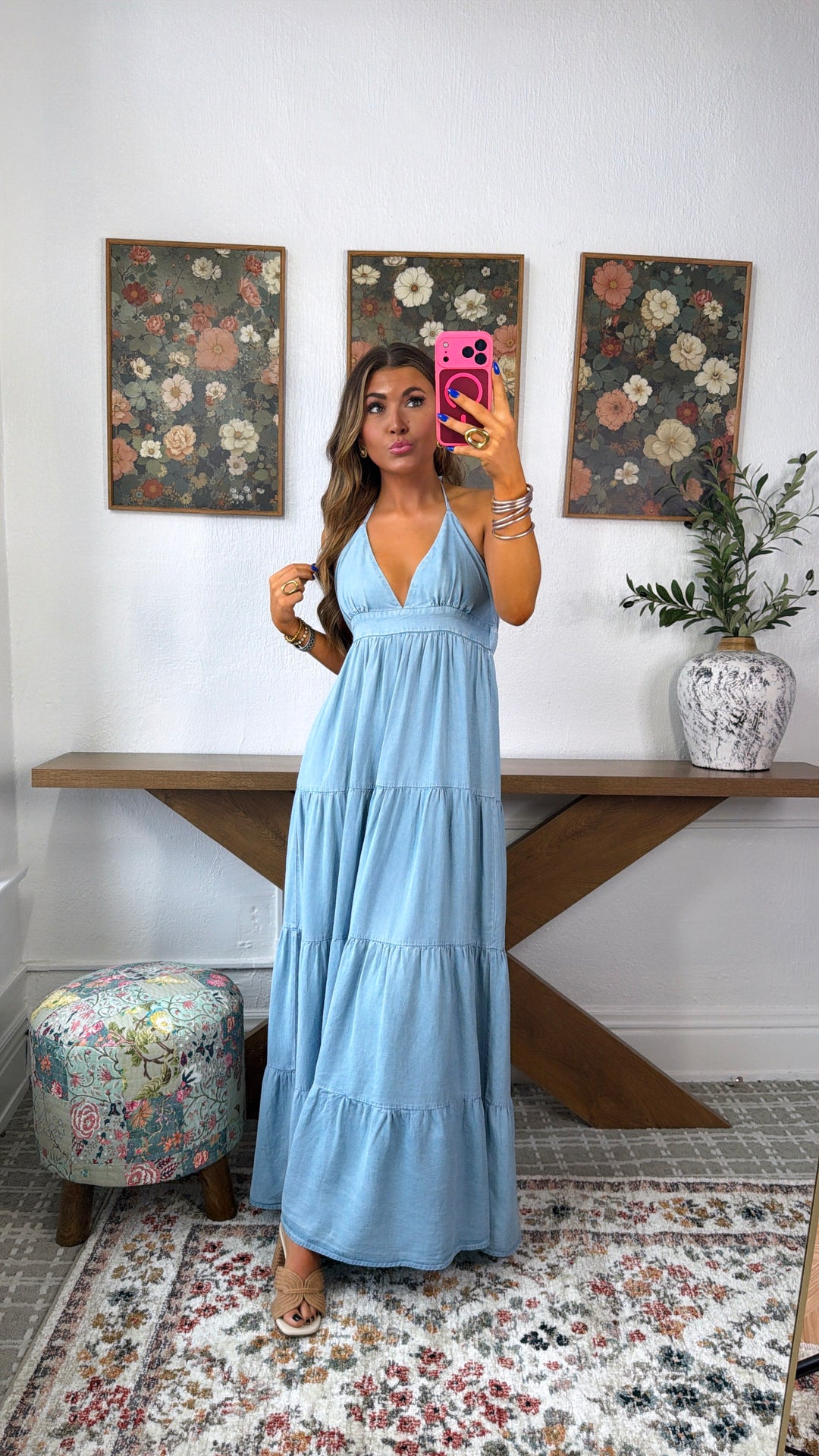 Sea Bloom Halter Maxi Dress, Lt. Chambray