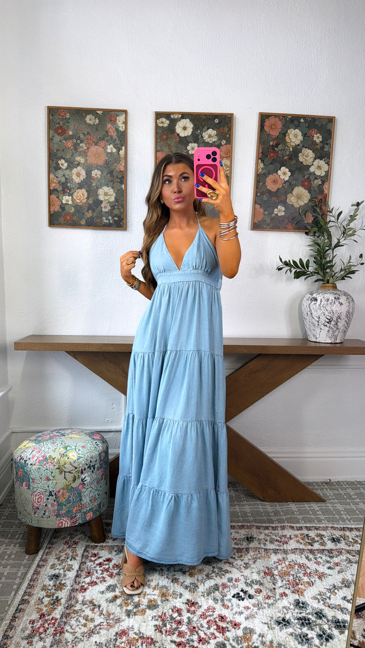 Sea Bloom Halter Maxi Dress, Lt. Chambray