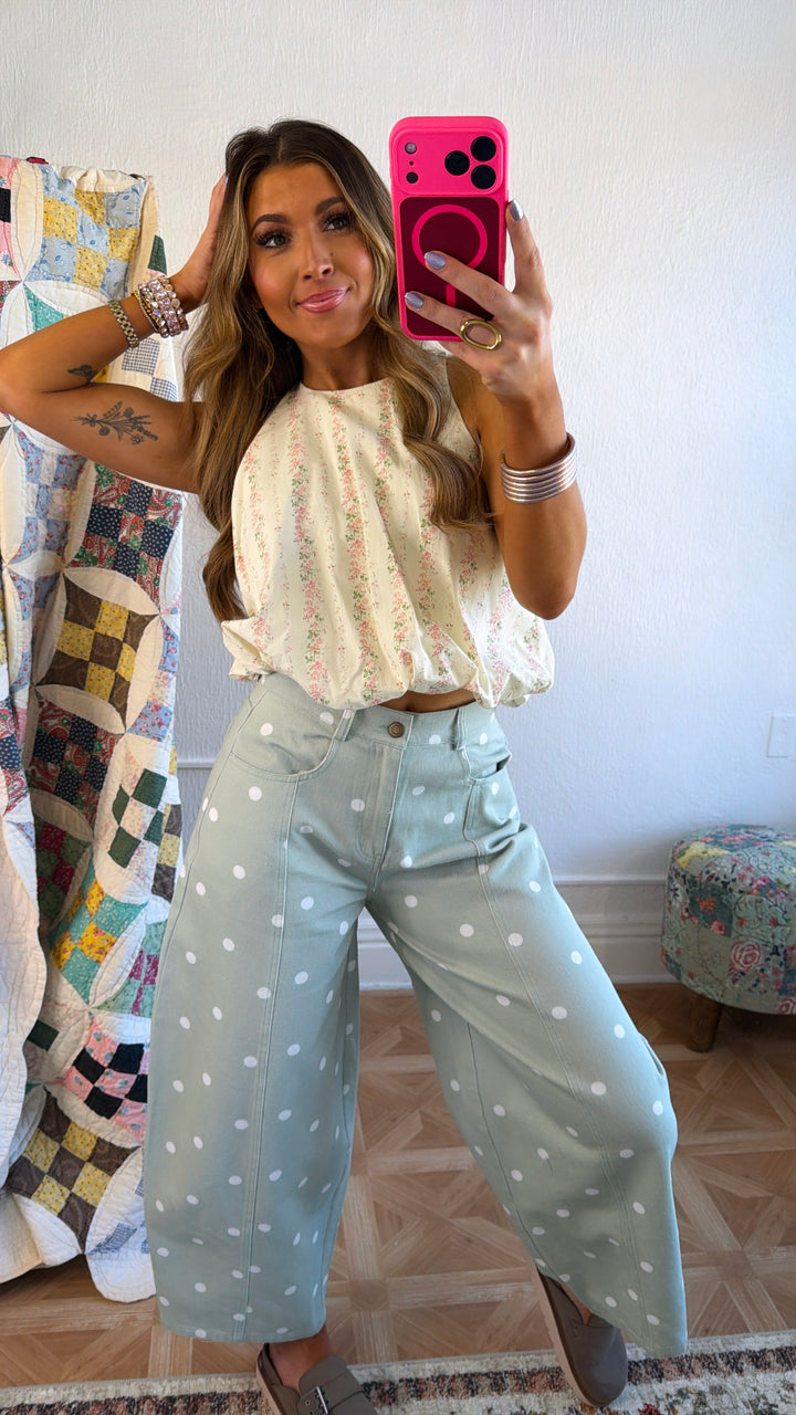 Sweet Pea Polka Dot Barrel Pants, Sage