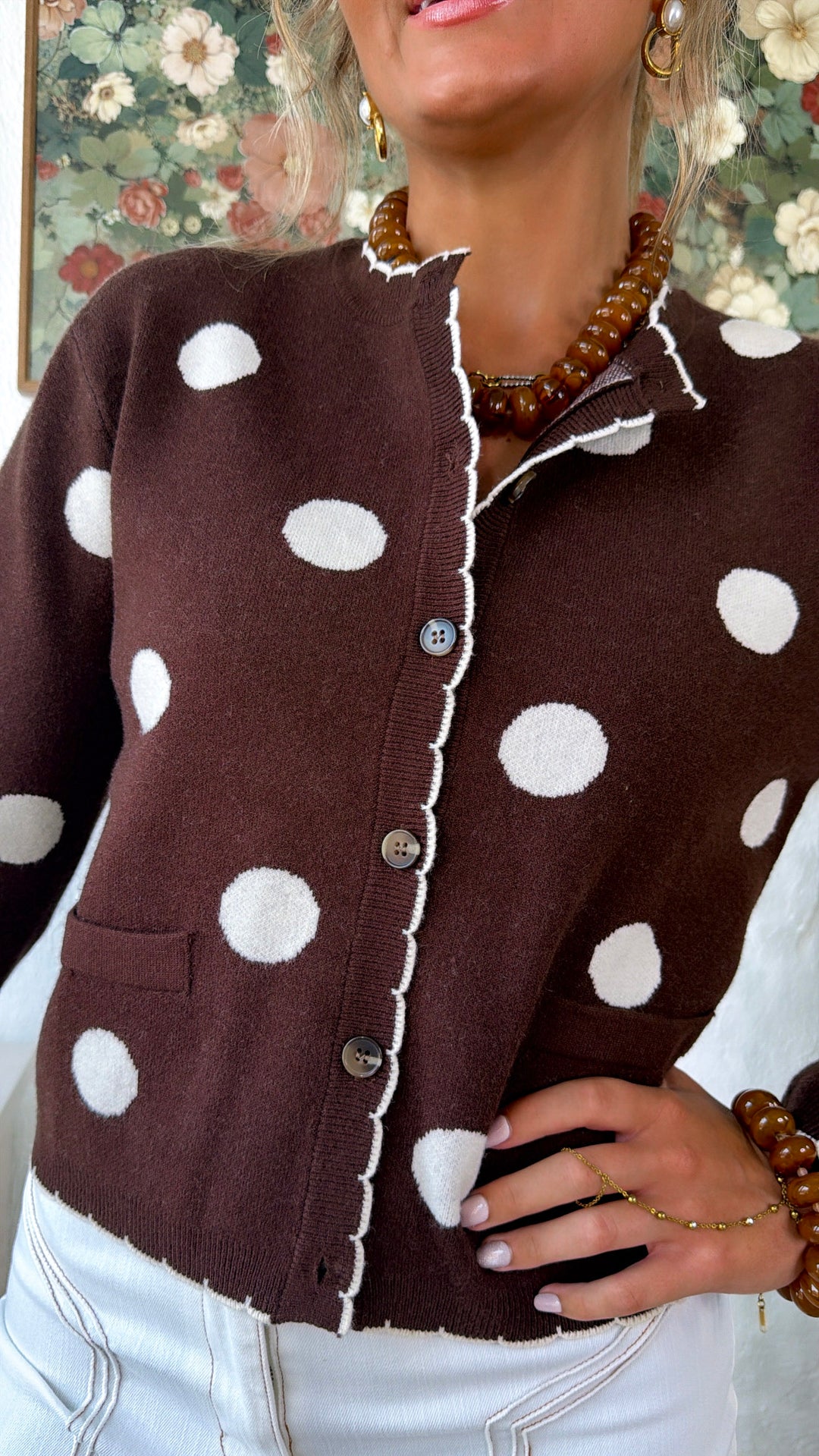 Knit Polka Dot Cardigan, Dk. Brown