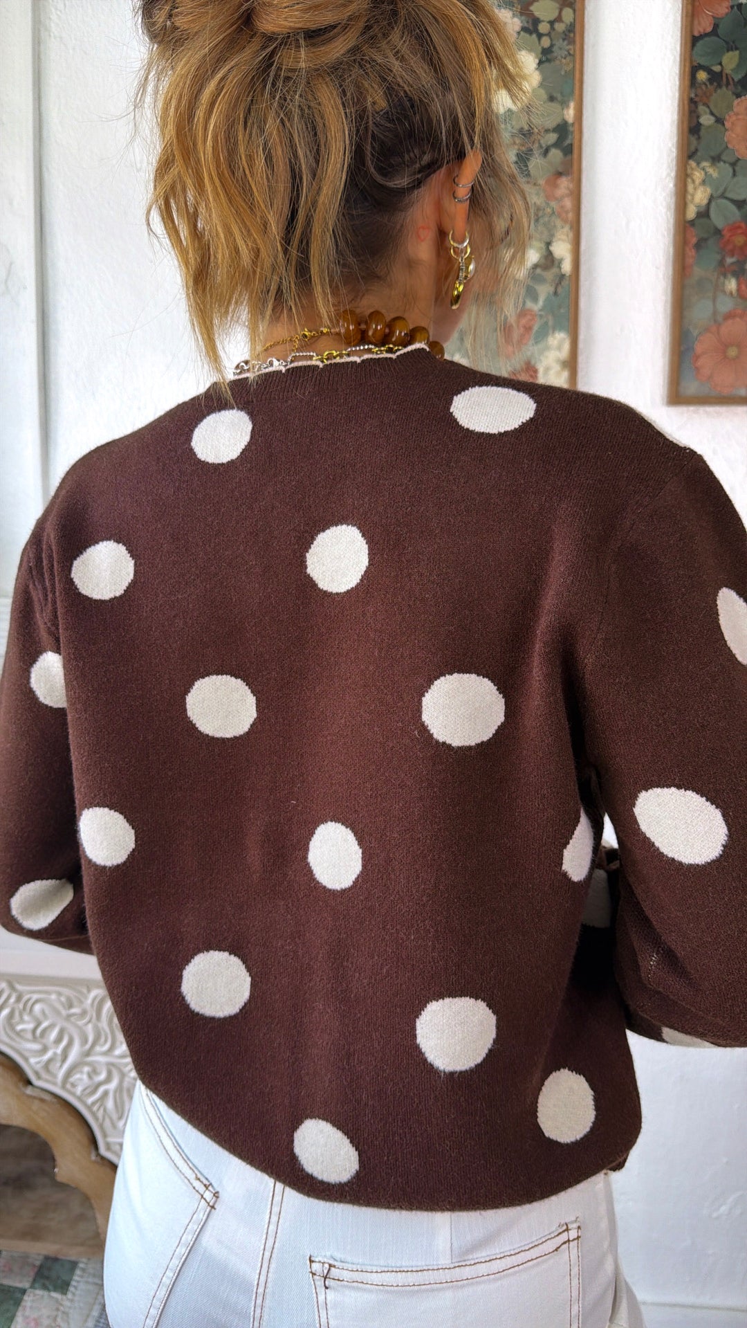 Knit Polka Dot Cardigan, Dk. Brown