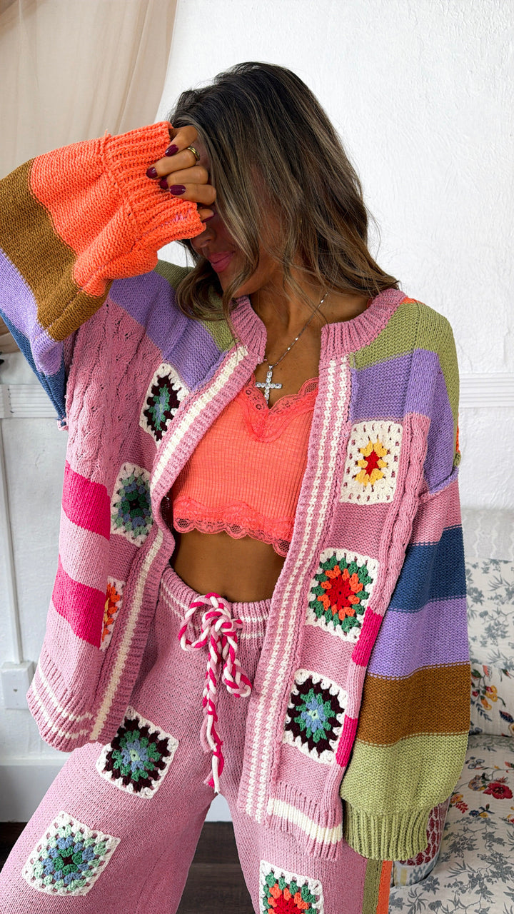 Sophie Color Block Granny Squares Cardigan, Rose Multi
