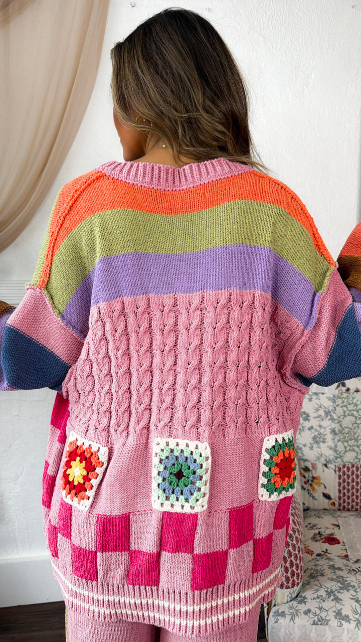 Sophie Color Block Granny Squares Cardigan, Rose Multi