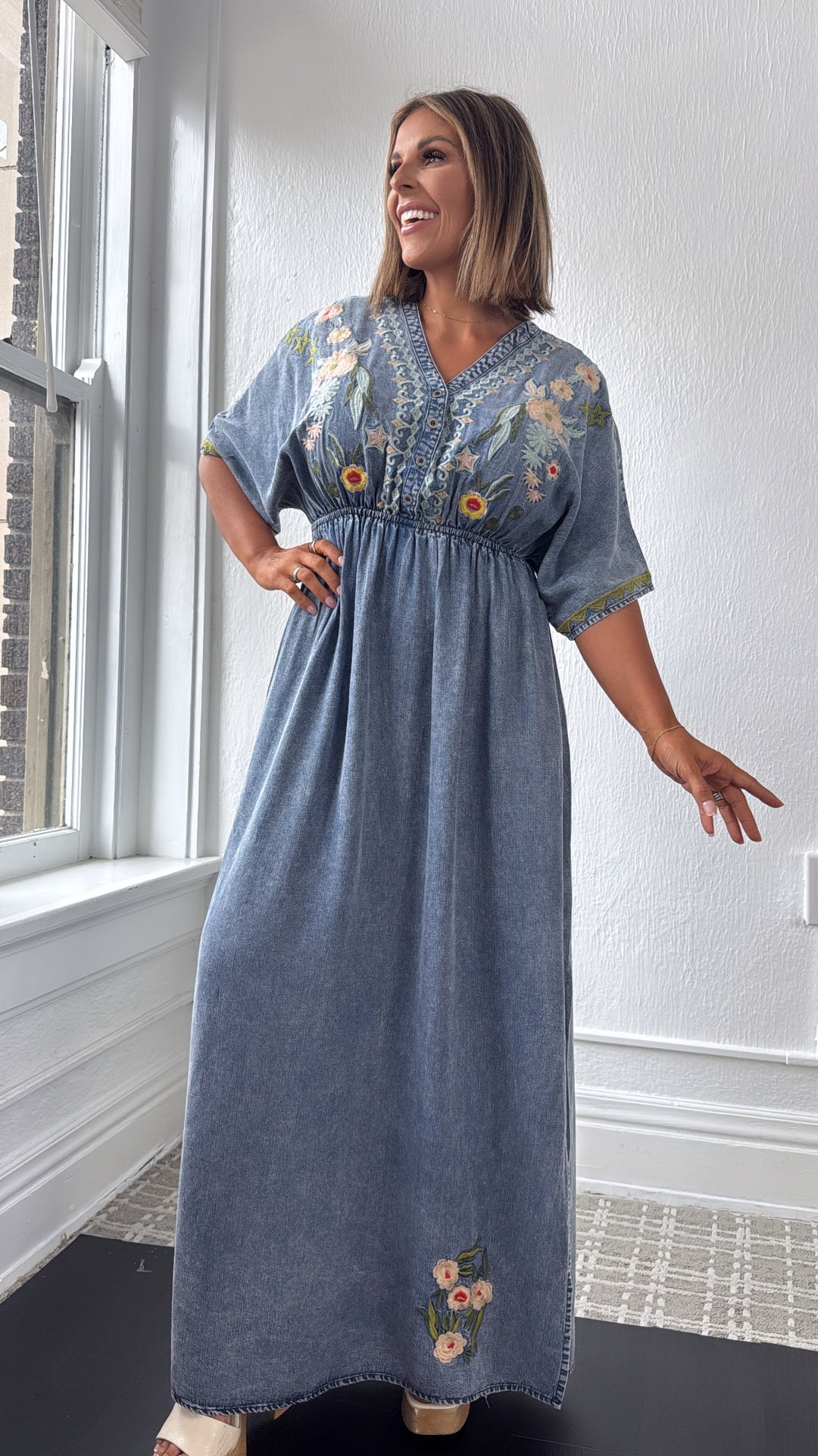 Chambray Stitch Bloom Embroidered Maxi Dress, Denim
