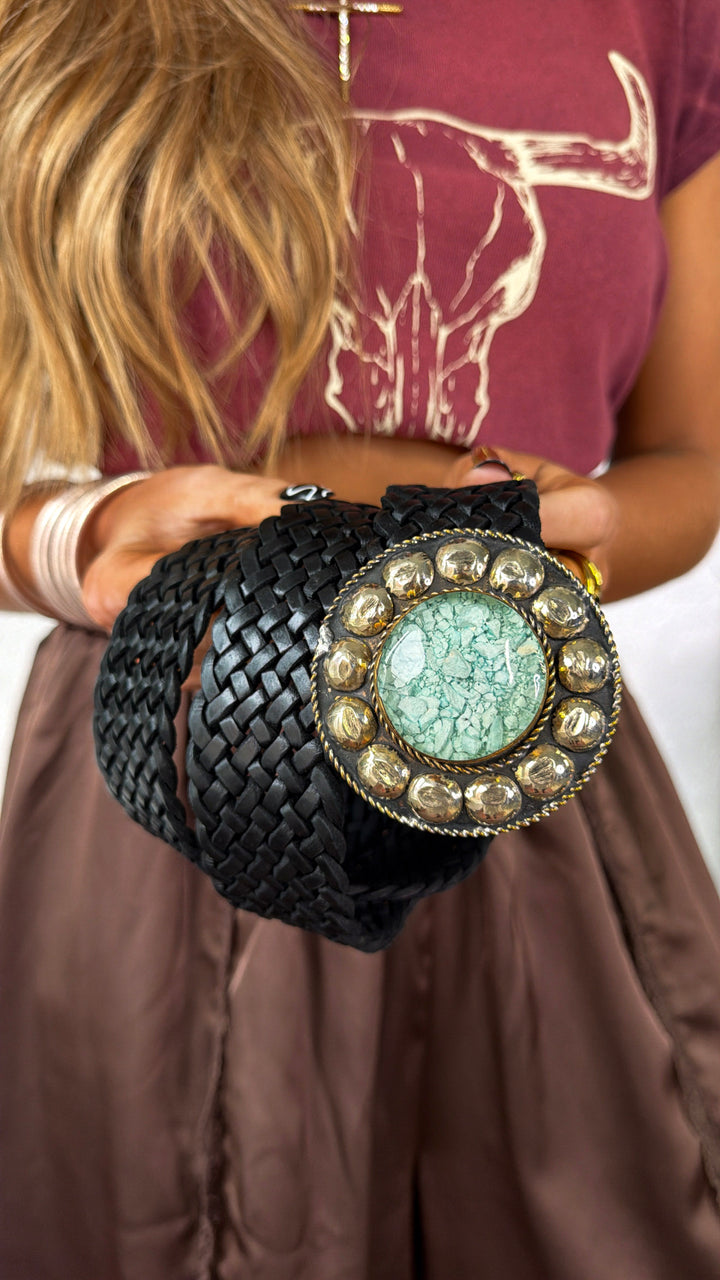 Black Leather Belt Round Wide