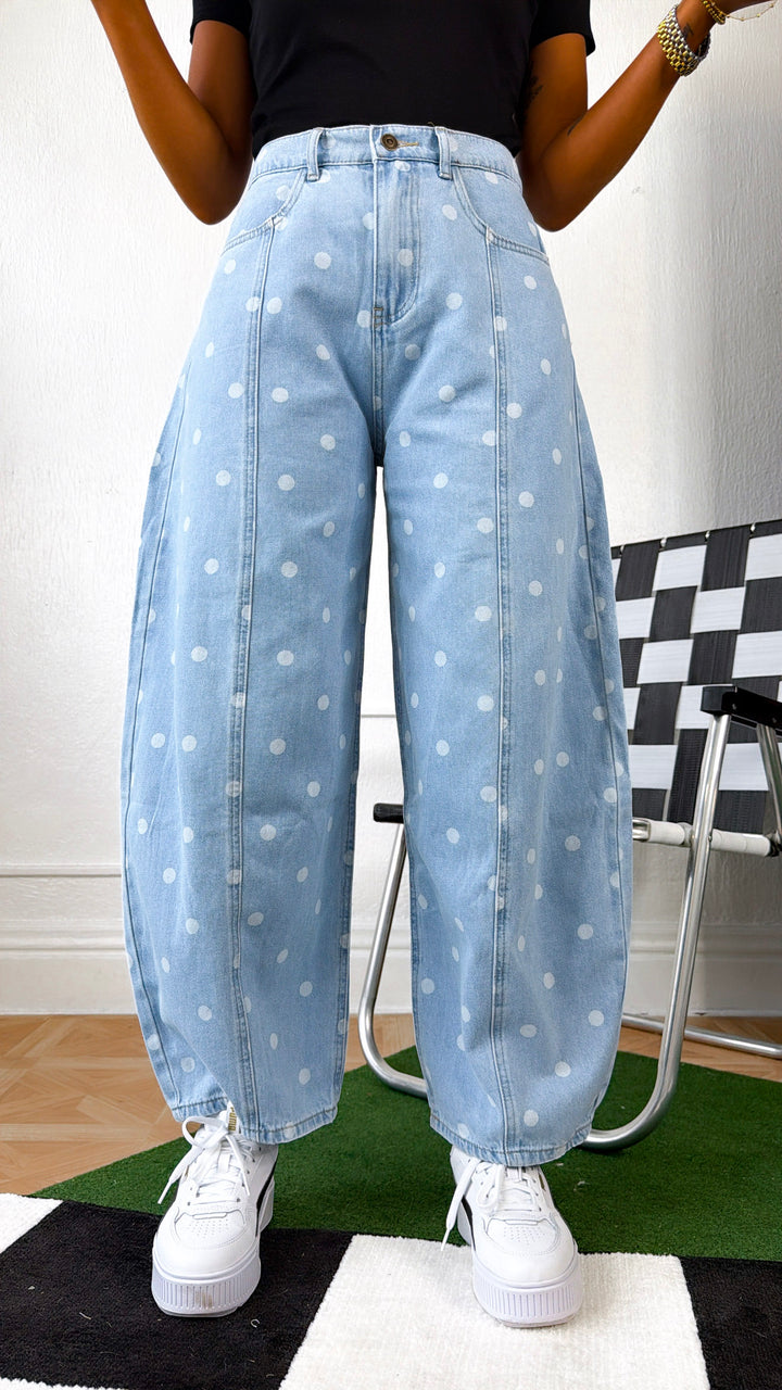 Washed Polka Dot Barrel Jeans, Lt. Denim