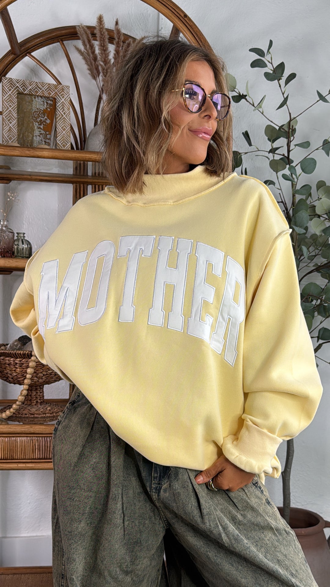 Mother Embroidered Mock Neck, Butter Yellow