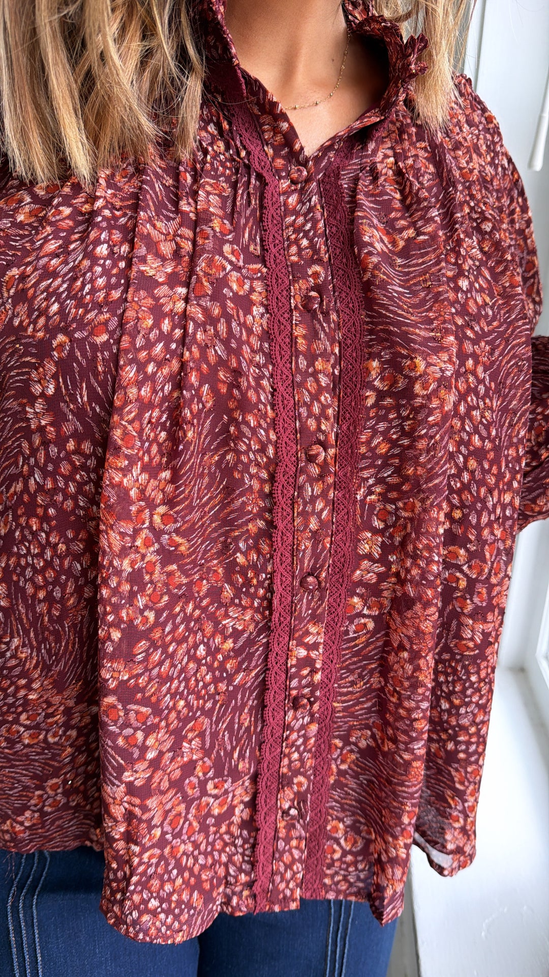 Evelora Floral Printed Blouse, Deep Burgundy