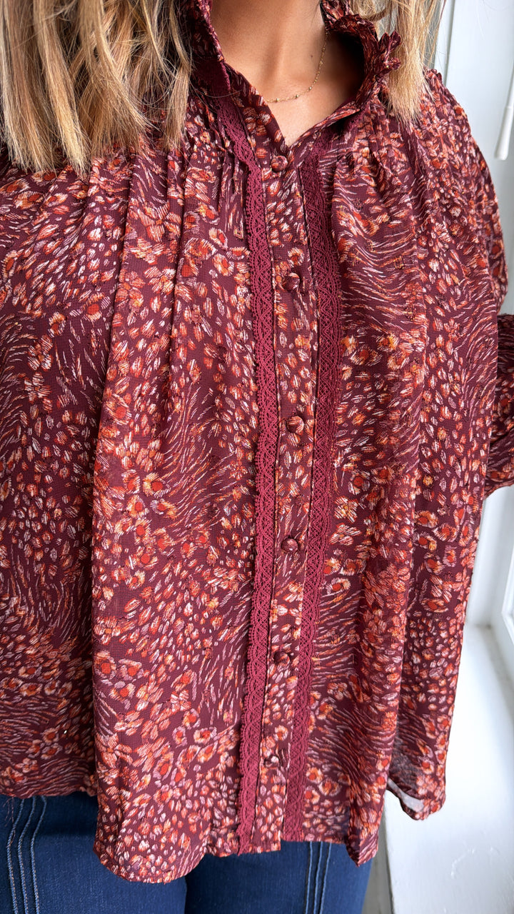 Evelora Floral Printed Blouse, Deep Burgundy